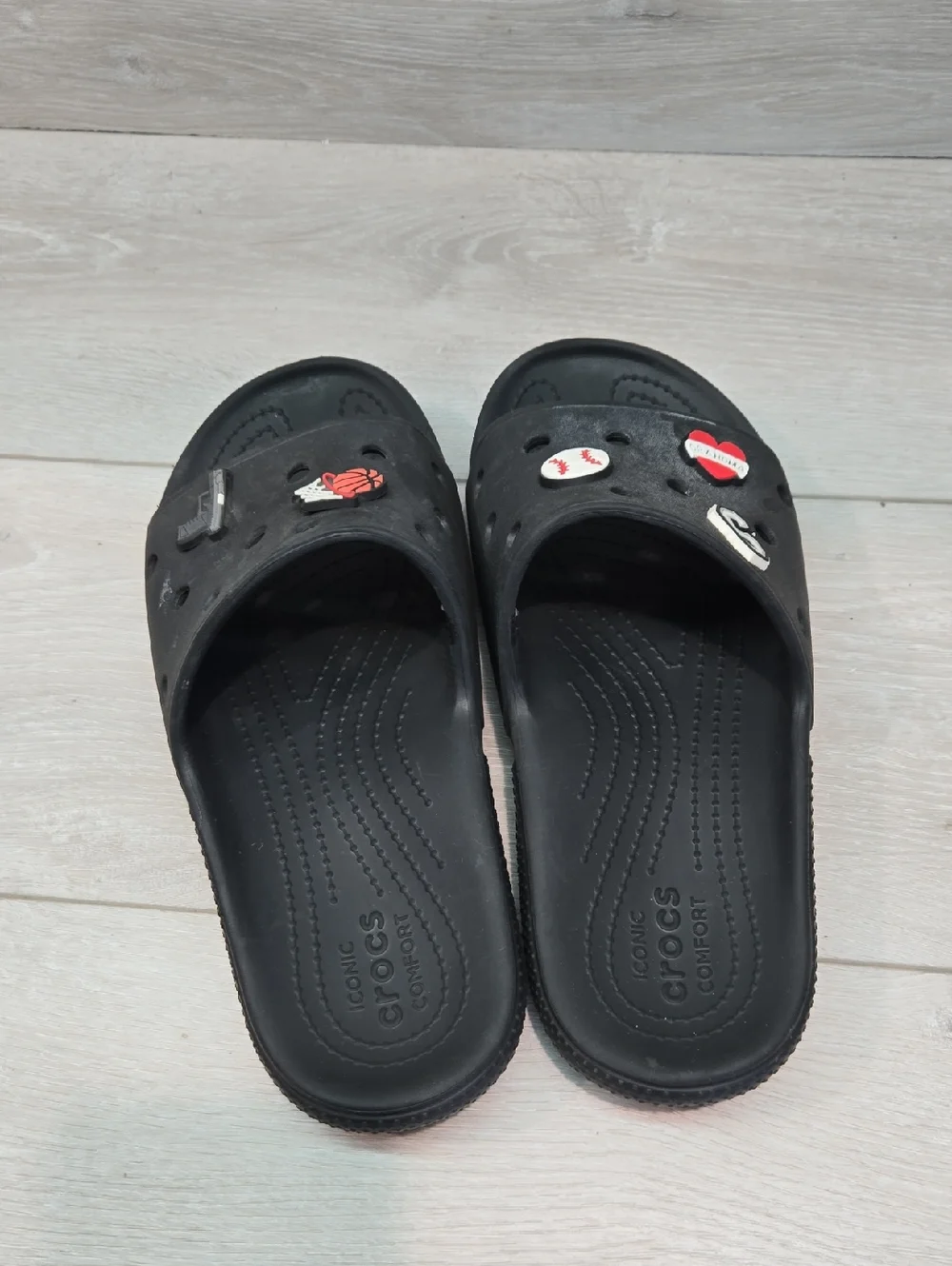 Crocs Women Black Slide Sandals with Sport Charms Flats Shoes Sz W12 M10